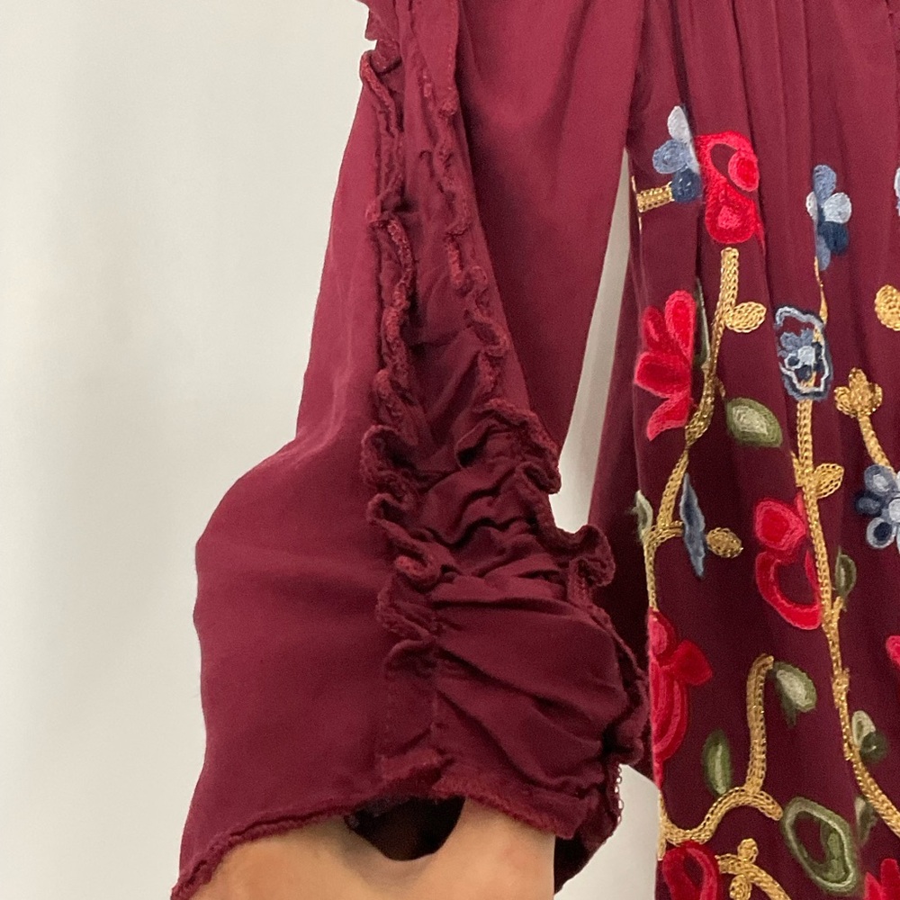 Clarita Floral Embroidered Burgundy Square Neck Gathered Long Sleeve Top No Size - Picture 7 of 14
